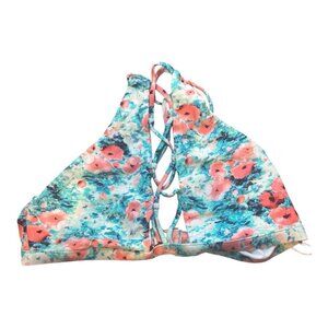 Beach Bunny High Neck Halter Bikini Top Swim Floral Topical Size XL Pink
